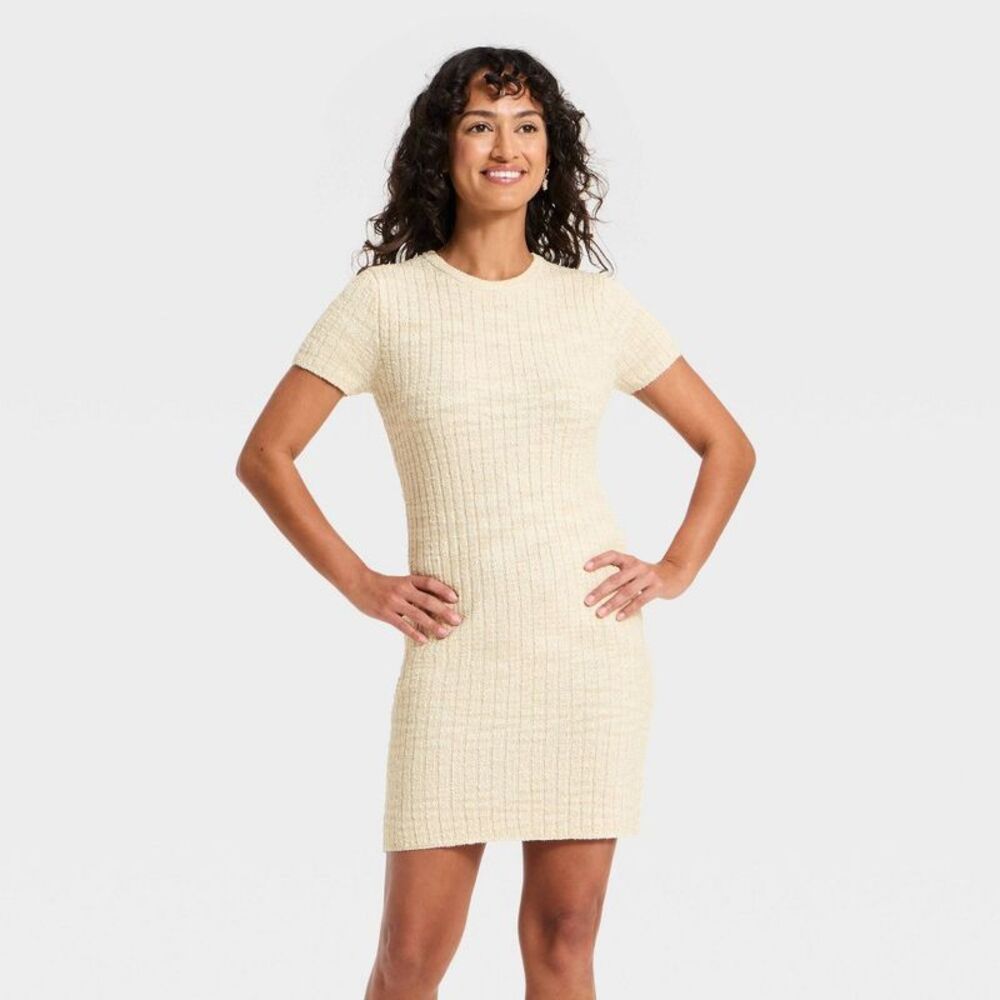 Women's Short Sleeve Rib Mini Sweater Dress - Universal Thread Oatmeal L